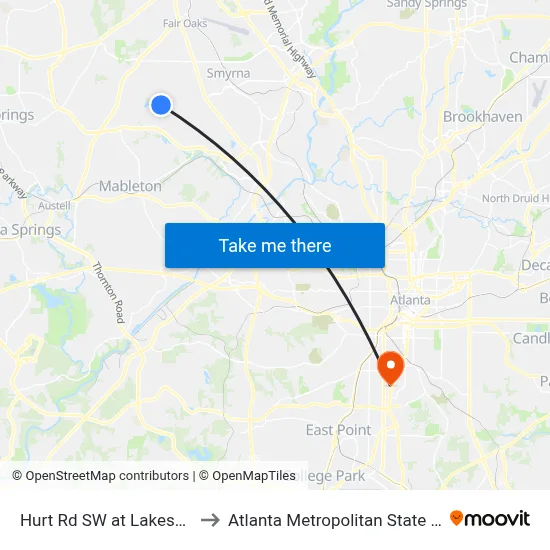 Hurt Rd SW at Lakeshore Dr to Atlanta Metropolitan State College map