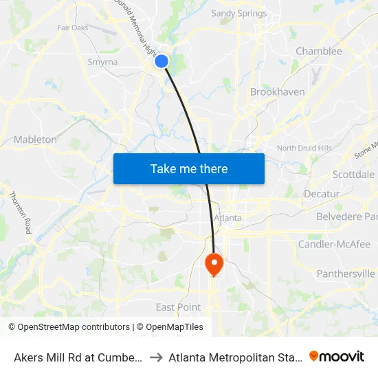 Akers Mill Rd at Cumberland Blvd to Atlanta Metropolitan State College map