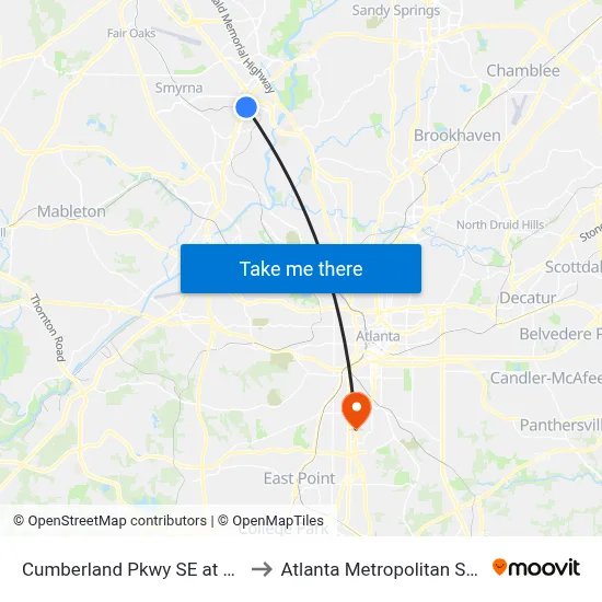 Cumberland Pkwy SE at Hampton Inn to Atlanta Metropolitan State College map