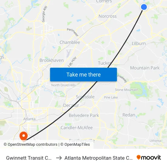 Gwinnett Transit Center to Atlanta Metropolitan State College map