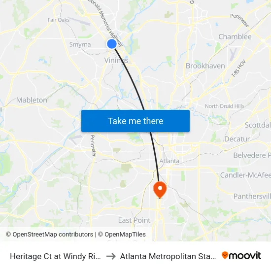 Heritage Ct at Windy Ridge Pkwy to Atlanta Metropolitan State College map