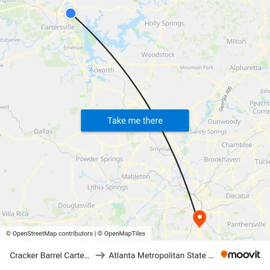 Cracker Barrel Cartersville to Atlanta Metropolitan State College map