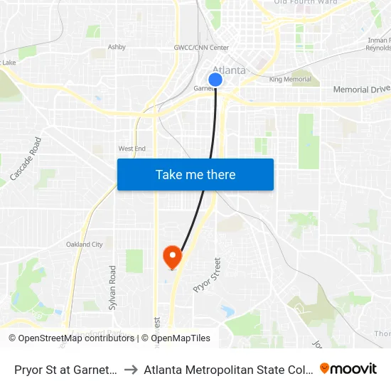Pryor St at Garnett St to Atlanta Metropolitan State College map