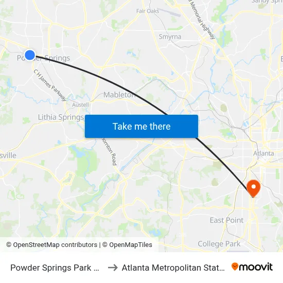 Powder Springs Park And Ride to Atlanta Metropolitan State College map