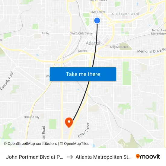 John Portman Blvd at Peachtree St to Atlanta Metropolitan State College map