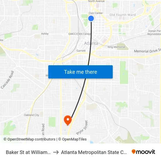 Baker St at Williams St to Atlanta Metropolitan State College map