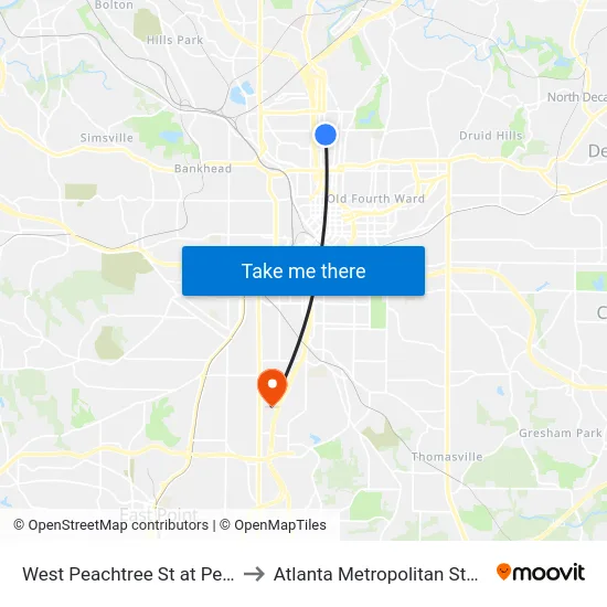 West Peachtree St at Peachtree Pl to Atlanta Metropolitan State College map