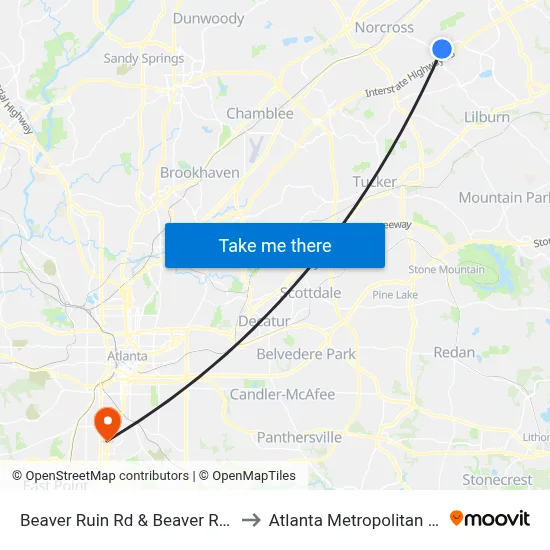 Beaver Ruin Rd & Beaver Ridge Elementary to Atlanta Metropolitan State College map