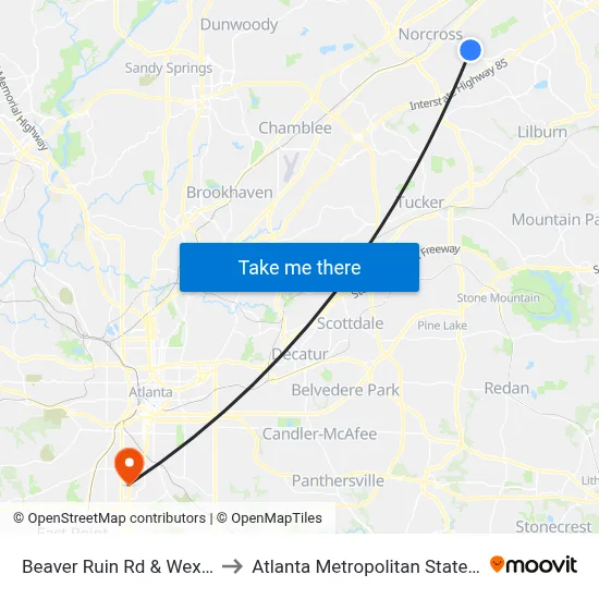 Beaver Ruin Rd & Wexford Dr to Atlanta Metropolitan State College map