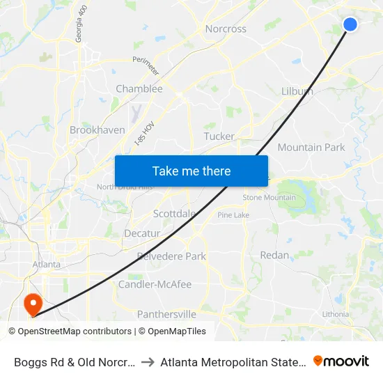 Boggs Rd & Old Norcross Rd to Atlanta Metropolitan State College map