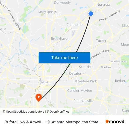 Buford Hwy & Amwiler Ob to Atlanta Metropolitan State College map