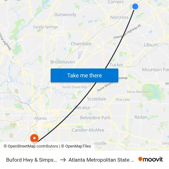 Buford Hwy & Simpson Cir to Atlanta Metropolitan State College map