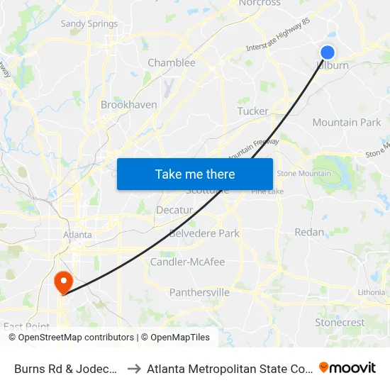 Burns Rd & Jodeco Rd to Atlanta Metropolitan State College map