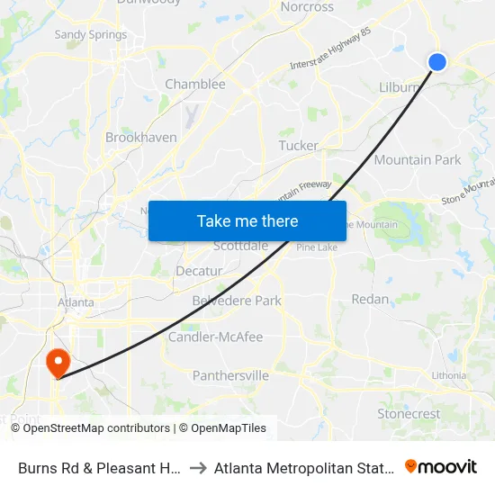 Burns Rd & Pleasant Hill Rd Ob to Atlanta Metropolitan State College map