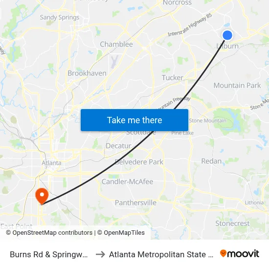 Burns Rd & Springwood Dr to Atlanta Metropolitan State College map