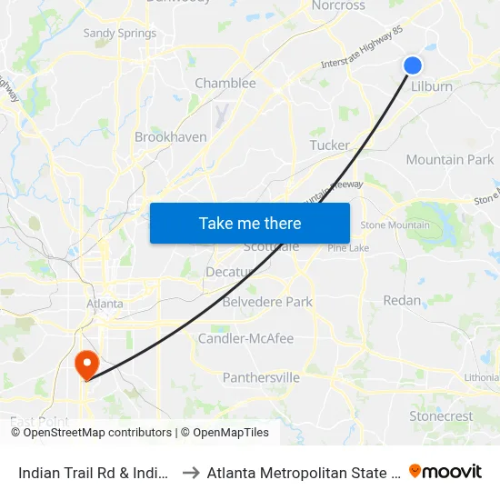 Indian Trail Rd & Indian Way to Atlanta Metropolitan State College map