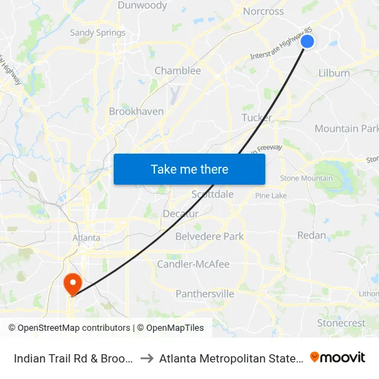 Indian Trail Rd & Brook Plaza to Atlanta Metropolitan State College map