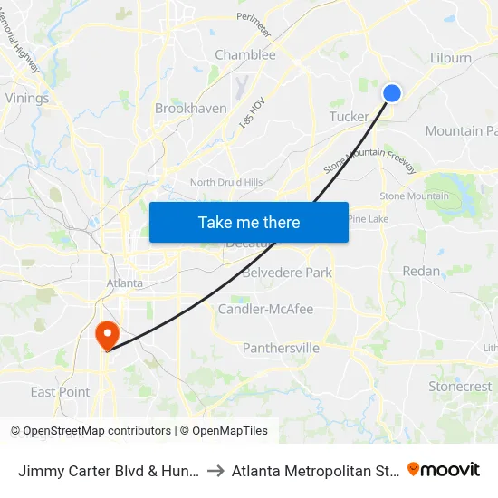 Jimmy Carter Blvd & Hunters Club Ln to Atlanta Metropolitan State College map