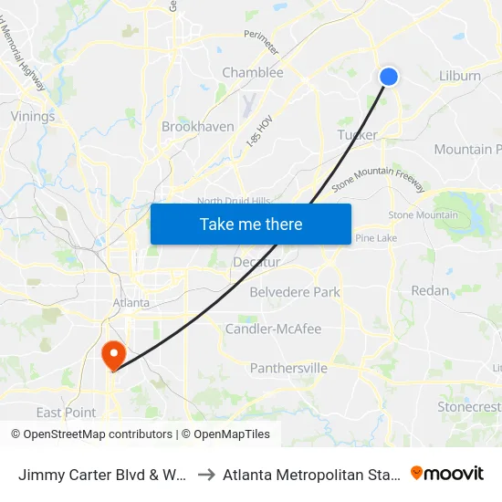 Jimmy Carter Blvd & Walmart Ob to Atlanta Metropolitan State College map