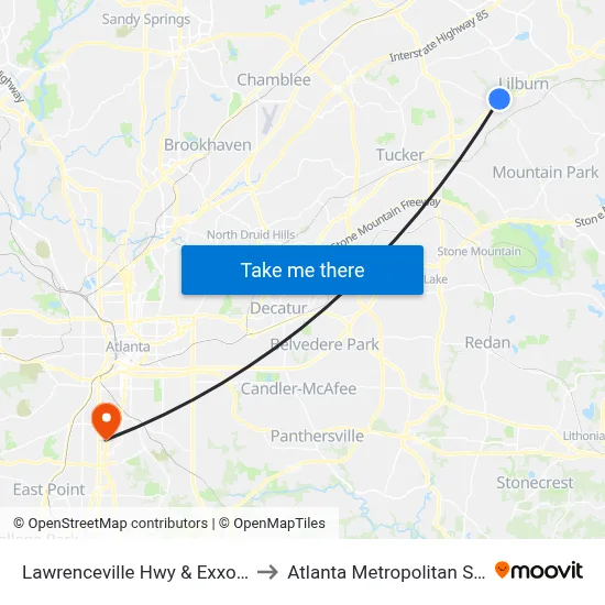 Lawrenceville Hwy & Exxon Gas Station to Atlanta Metropolitan State College map