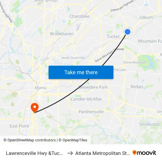 Lawrenceville Hwy &Tucker Valley Rd to Atlanta Metropolitan State College map