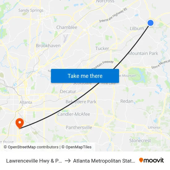 Lawrenceville Hwy & Pep Boys to Atlanta Metropolitan State College map