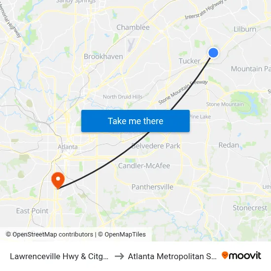 Lawrenceville Hwy & Citgo Gas Station to Atlanta Metropolitan State College map
