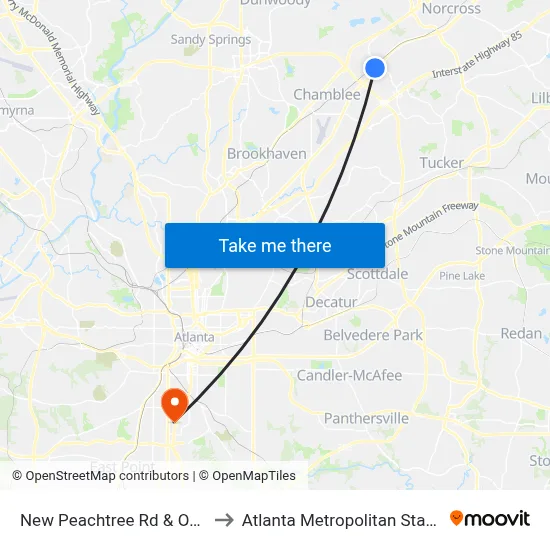 New Peachtree Rd & Oakcliff Ob to Atlanta Metropolitan State College map