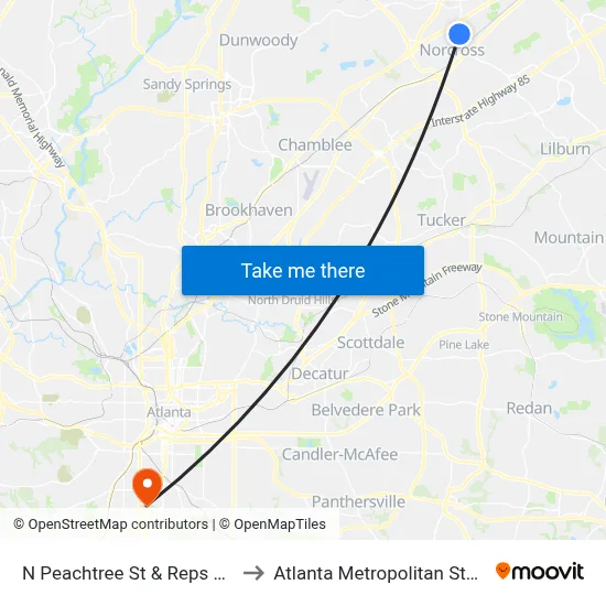 N Peachtree St & Reps Miller Road to Atlanta Metropolitan State College map