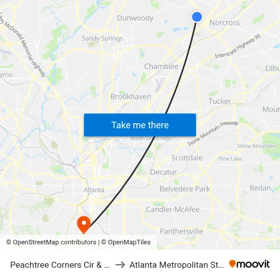 Peachtree Corners Cir & Kilnect Ct Ib to Atlanta Metropolitan State College map