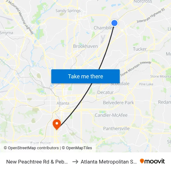 New Peachtree Rd & Pebblewood Apts to Atlanta Metropolitan State College map