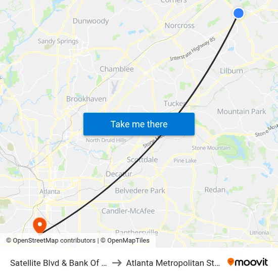 Satellite Blvd & Bank Of America Ib to Atlanta Metropolitan State College map