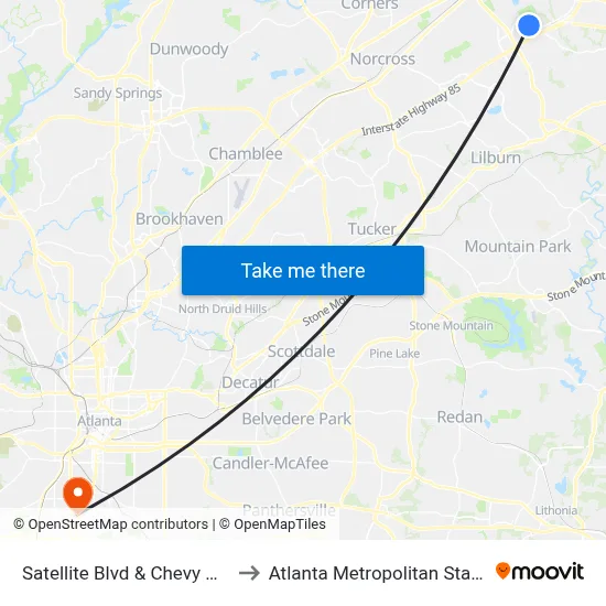 Satellite Blvd & Chevy Dealership to Atlanta Metropolitan State College map
