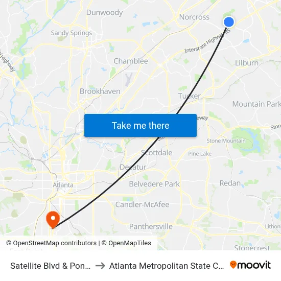 Satellite Blvd & Pond Rd to Atlanta Metropolitan State College map