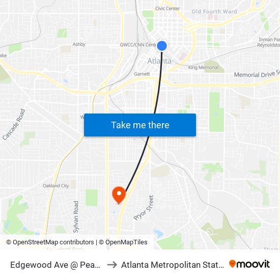 Edgewood Ave @ Peachtree St to Atlanta Metropolitan State College map