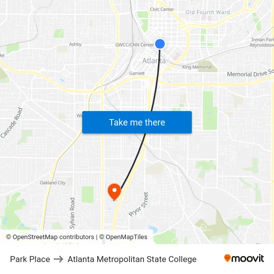 Park Place to Atlanta Metropolitan State College map
