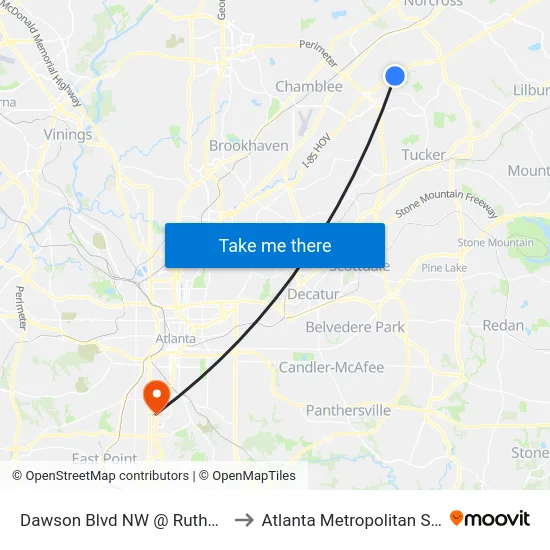 Dawson Blvd NW @ Rutherford Glen Cir to Atlanta Metropolitan State College map
