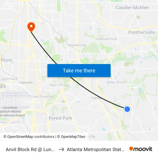 Anvil Block Rd @ Lunsford Dr to Atlanta Metropolitan State College map