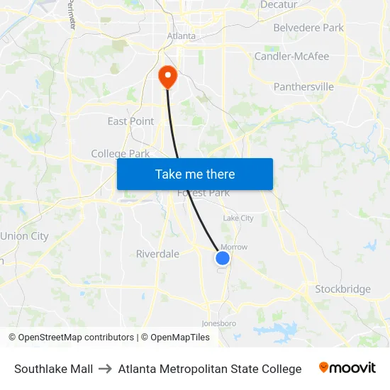 Southlake Mall to Atlanta Metropolitan State College map