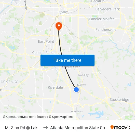 Mt Zion Rd @ Lake Dr to Atlanta Metropolitan State College map