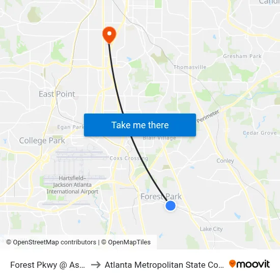Forest Pkwy @ Ash St to Atlanta Metropolitan State College map