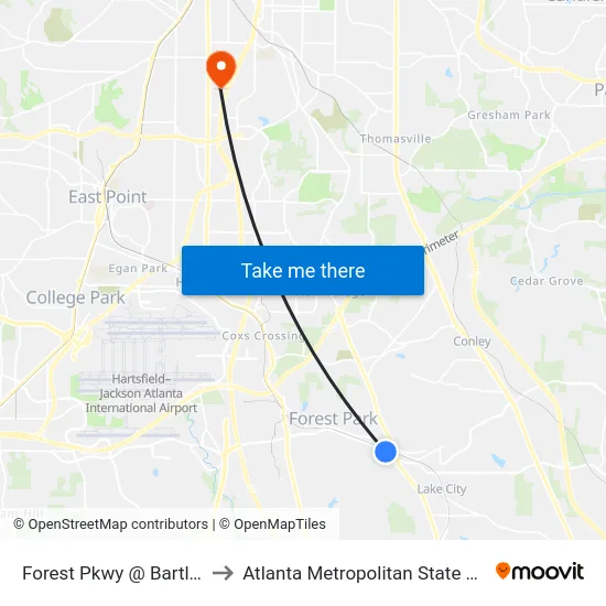 Forest Pkwy @ Bartlett Dr to Atlanta Metropolitan State College map