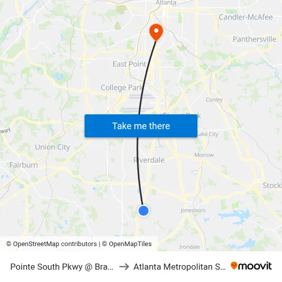 Pointe South Pkwy @ Brandon Hill Way to Atlanta Metropolitan State College map