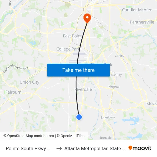 Pointe South Pkwy @ Sr 85 to Atlanta Metropolitan State College map