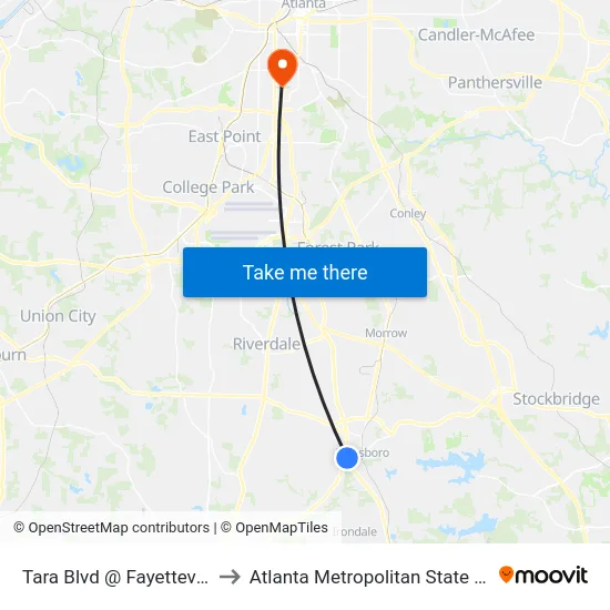Tara Blvd @ Fayetteville Rd to Atlanta Metropolitan State College map