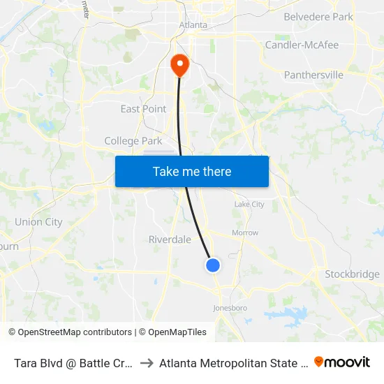 Tara Blvd @ Battle Creek Rd to Atlanta Metropolitan State College map