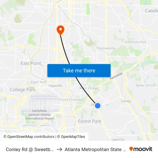 Conley Rd @ Sweetbriar Ln to Atlanta Metropolitan State College map