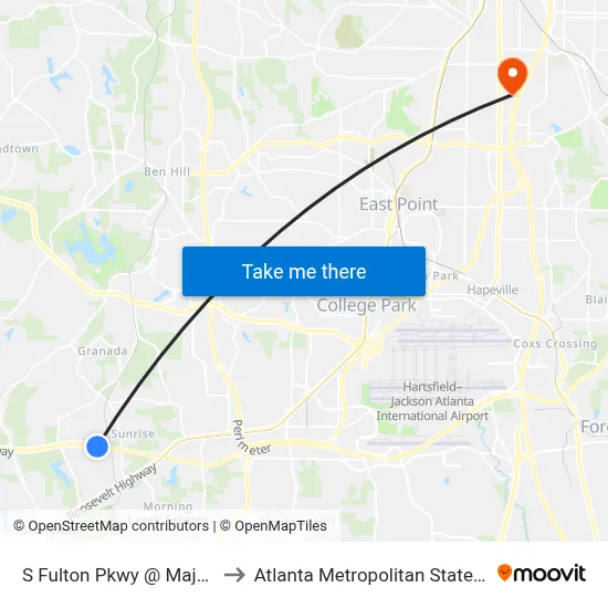 S Fulton Pkwy @ Majestic Pl to Atlanta Metropolitan State College map