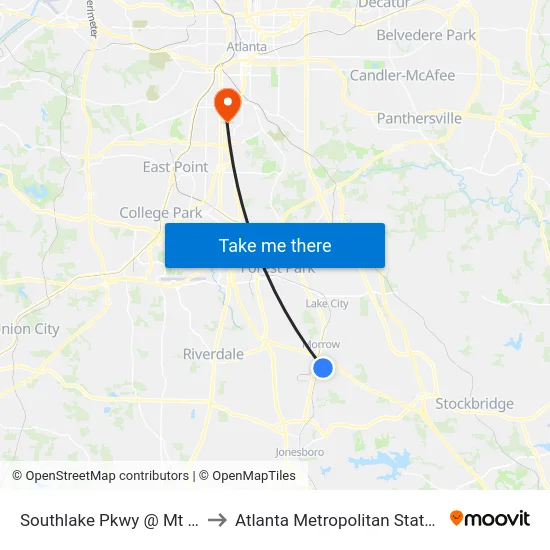 Southlake Pkwy @ Mt Zion Rd to Atlanta Metropolitan State College map