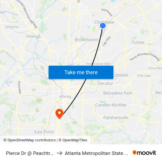 Pierce Dr @ Peachtree Rd to Atlanta Metropolitan State College map